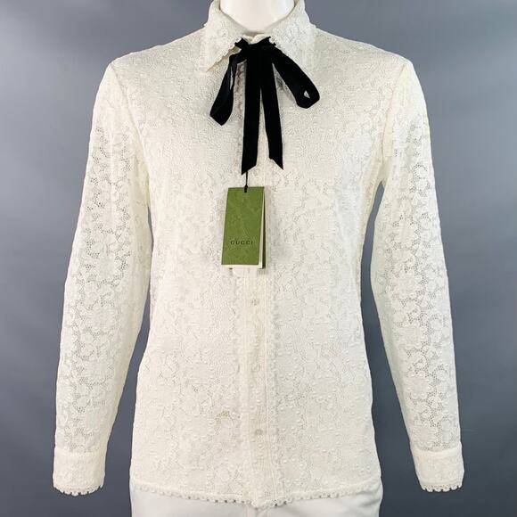 L White Macrame Lace Cotton Blend Bow Long Sleeve Shirt - Picture 1 of 10